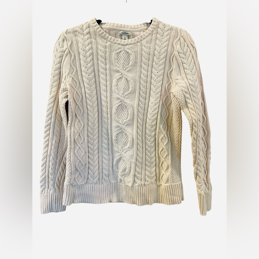 LL Bean Women’s Fisherman Sweater Cable Knit Cream Cotton Size: Medium